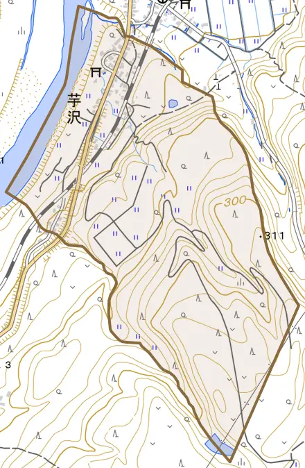 芋沢とその周辺の地図。町の範囲を重ねている