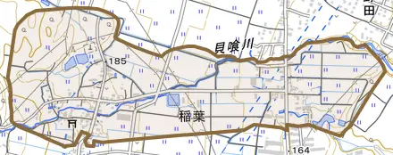 稲葉とその周辺の地図。町の範囲を重ねている