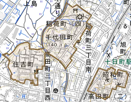 稲荷町とその周辺の地図。町の範囲を重ねている