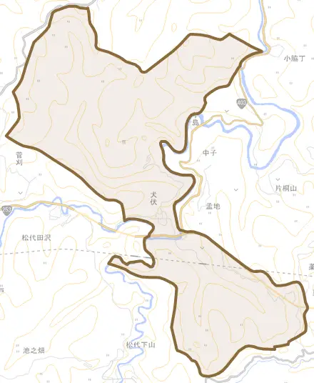 犬伏とその周辺の地図。町の範囲を重ねている