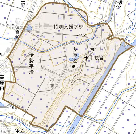伊勢平治とその周辺の地図。町の範囲を重ねている