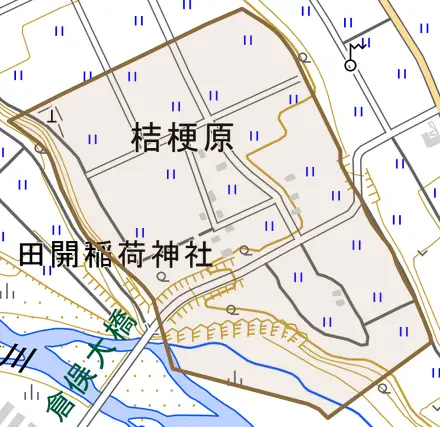 桔梗原とその周辺の地図。町の範囲を重ねている