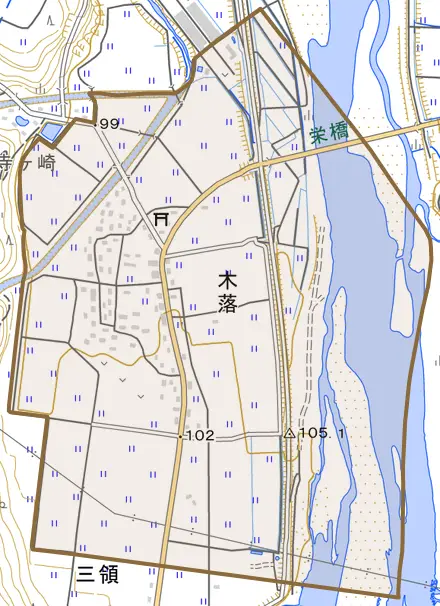 木落とその周辺の地図。町の範囲を重ねている
