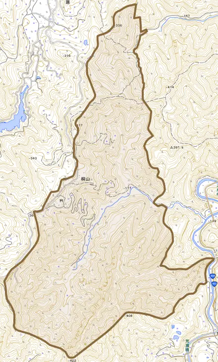 桐山とその周辺の地図。町の範囲を重ねている