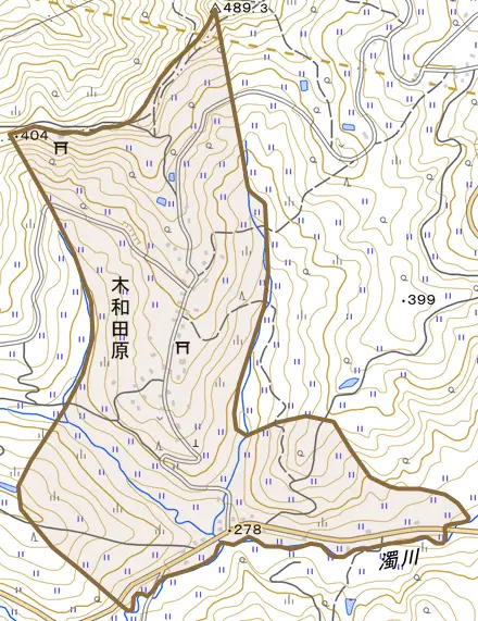 木和田原とその周辺の地図。町の範囲を重ねている