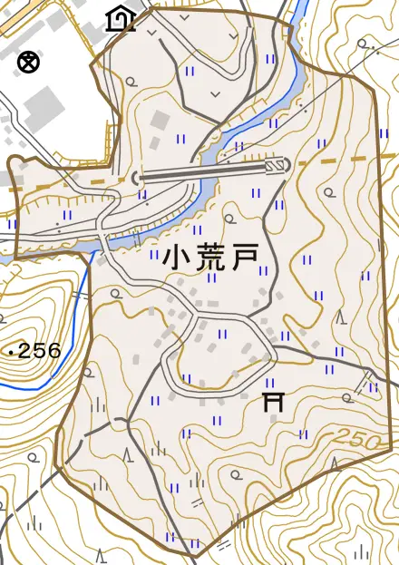 小荒戸とその周辺の地図。町の範囲を重ねている