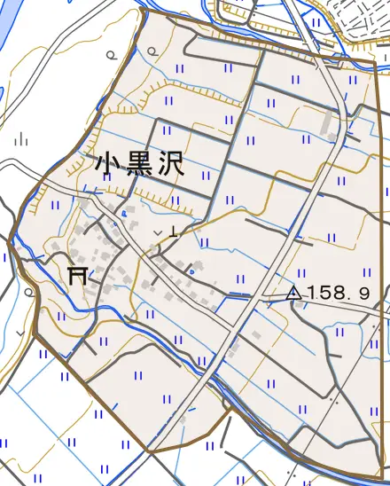 小黒沢とその周辺の地図。町の範囲を重ねている