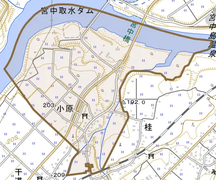 小原とその周辺の地図。町の範囲を重ねている
