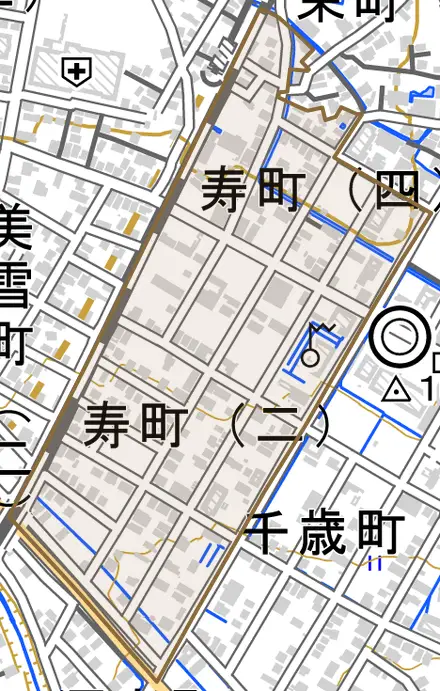 寿町とその周辺の地図。町の範囲を重ねている