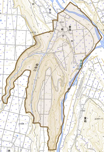 倉俣とその周辺の地図。町の範囲を重ねている