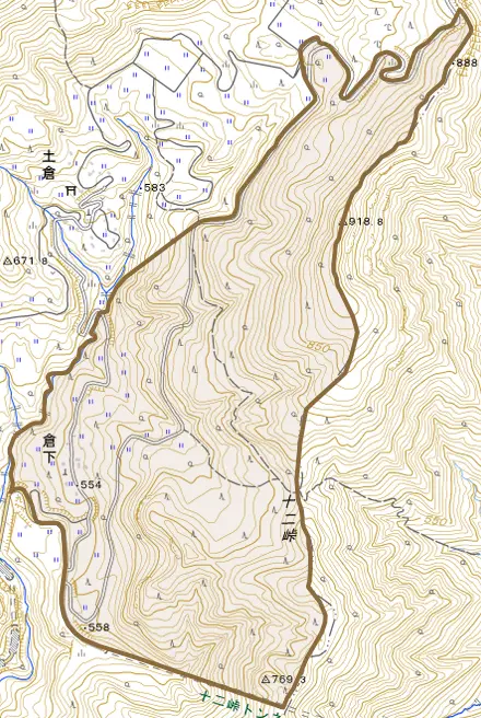 倉下とその周辺の地図。町の範囲を重ねている
