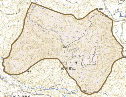松代東山とその周辺の地図。町の範囲を重ねている
