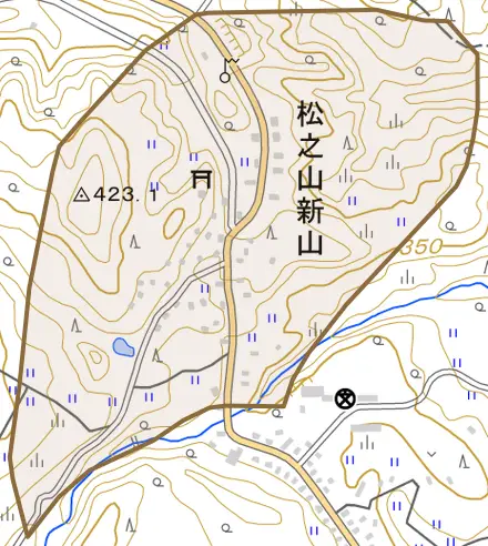 松之山新山とその周辺の地図。町の範囲を重ねている