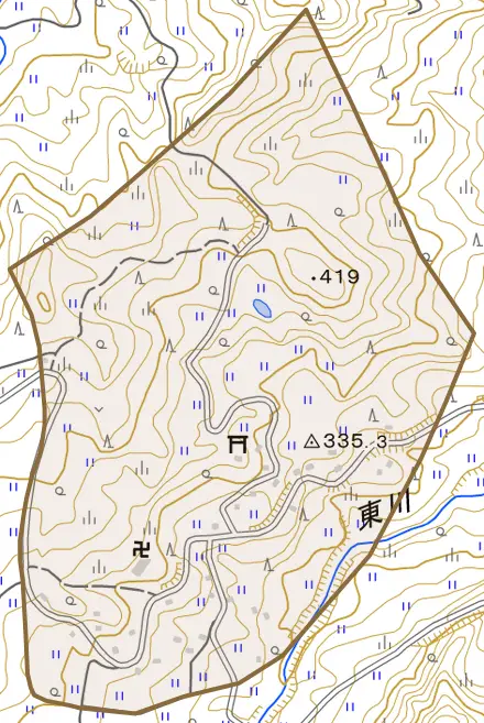 松之山藤倉とその周辺の地図。町の範囲を重ねている