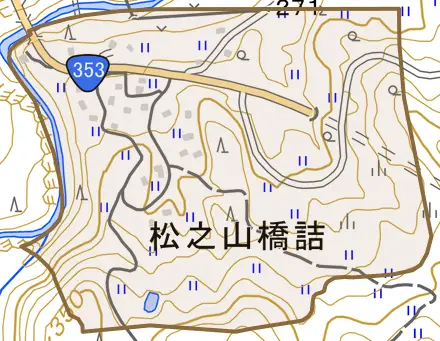 松之山橋詰とその周辺の地図。町の範囲を重ねている