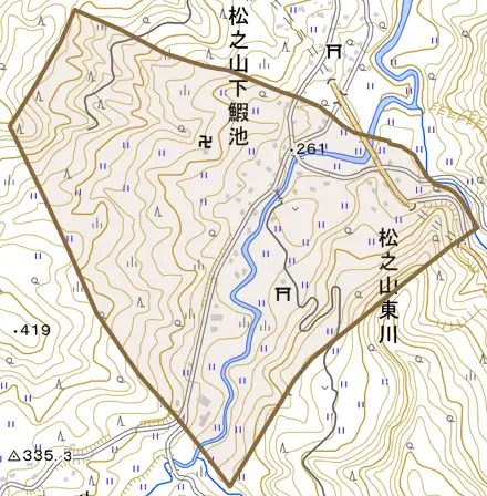 松之山東川とその周辺の地図。町の範囲を重ねている