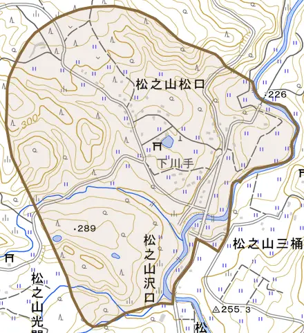 松之山松口とその周辺の地図。町の範囲を重ねている