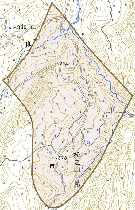 松之山中尾とその周辺の地図。町の範囲を重ねている