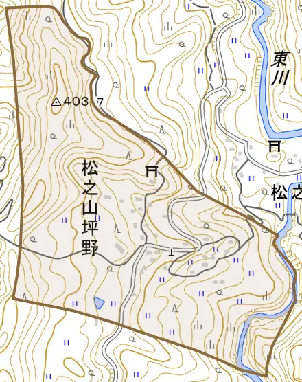 松之山坪野とその周辺の地図。町の範囲を重ねている