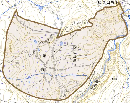 松之山湯山とその周辺の地図。町の範囲を重ねている