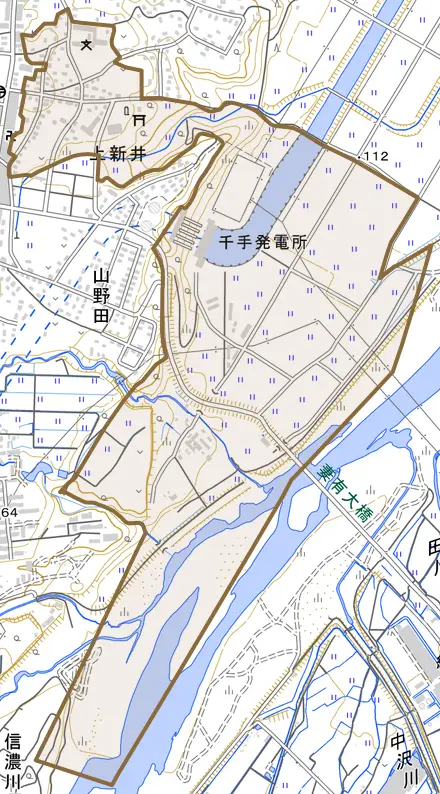 水口沢とその周辺の地図。町の範囲を重ねている