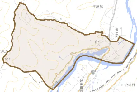 宮中とその周辺の地図。町の範囲を重ねている
