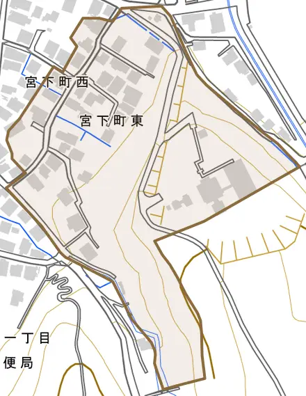 宮下町東とその周辺の地図。町の範囲を重ねている