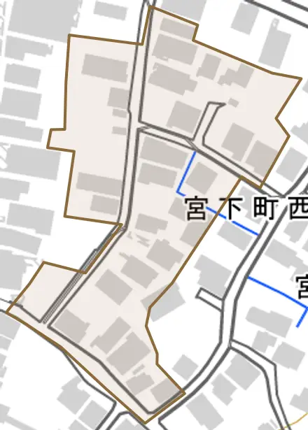 宮下町西とその周辺の地図。町の範囲を重ねている