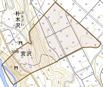 宮沢とその周辺の地図。町の範囲を重ねている