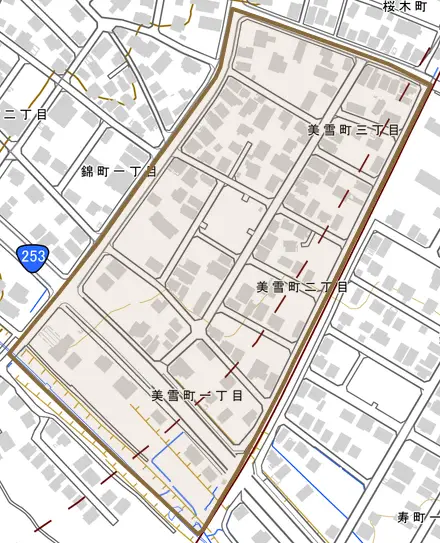 美雪町とその周辺の地図。町の範囲を重ねている