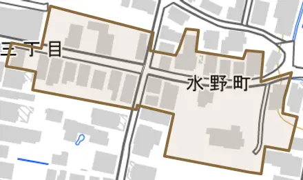 水野町とその周辺の地図。町の範囲を重ねている