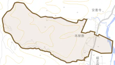 本屋敷とその周辺の地図。町の範囲を重ねている