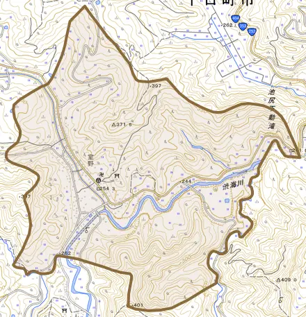 室野とその周辺の地図。町の範囲を重ねている