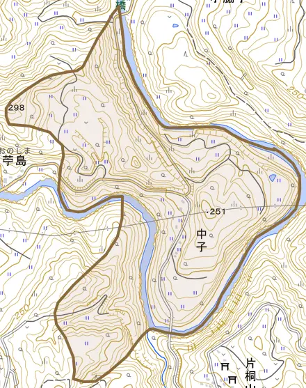 中子とその周辺の地図。町の範囲を重ねている