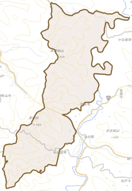 中仙田とその周辺の地図。町の範囲を重ねている