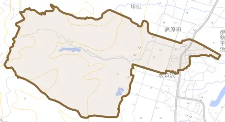 中屋敷とその周辺の地図。町の範囲を重ねている