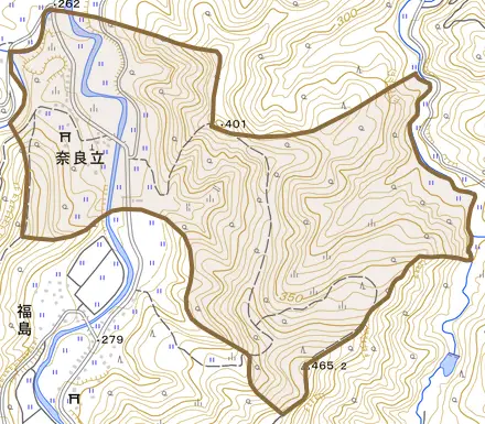 奈良立とその周辺の地図。町の範囲を重ねている