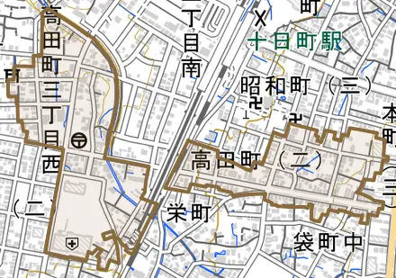 西寺町とその周辺の地図。町の範囲を重ねている