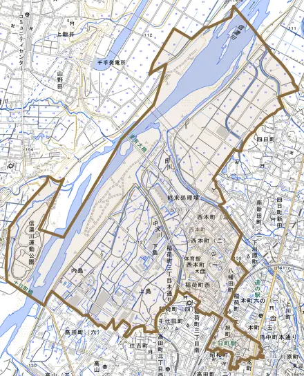 西本町とその周辺の地図。町の範囲を重ねている