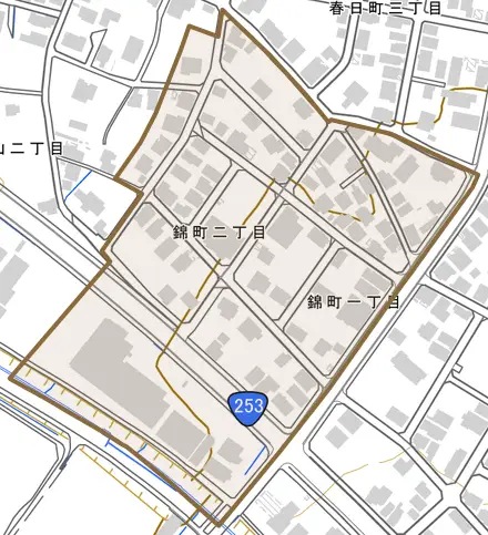錦町とその周辺の地図。町の範囲を重ねている
