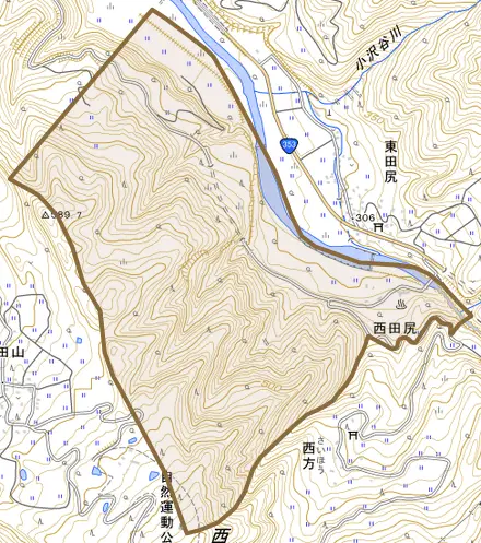 西田尻とその周辺の地図。町の範囲を重ねている