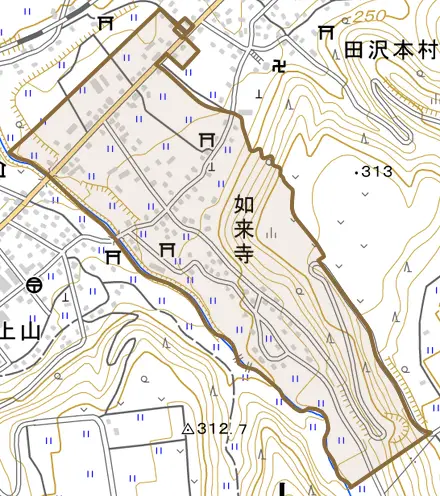 如来寺とその周辺の地図。町の範囲を重ねている