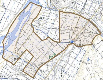 大黒沢とその周辺の地図。町の範囲を重ねている