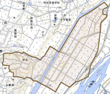 沖立とその周辺の地図。町の範囲を重ねている