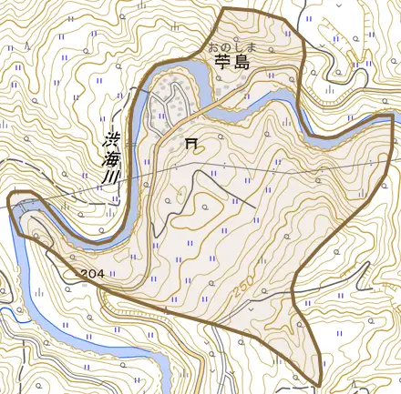 苧島とその周辺の地図。町の範囲を重ねている