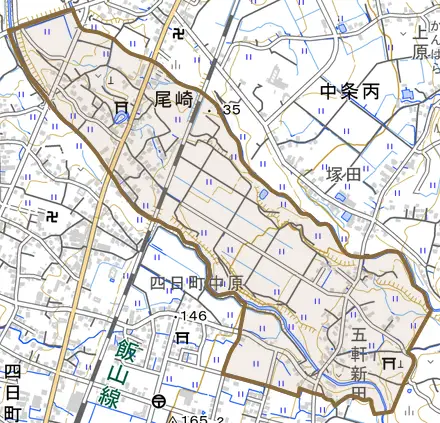 尾崎とその周辺の地図。町の範囲を重ねている