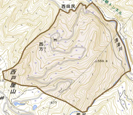 西方とその周辺の地図。町の範囲を重ねている