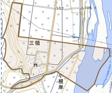 三領とその周辺の地図。町の範囲を重ねている