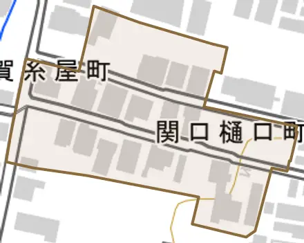 関口樋口町とその周辺の地図。町の範囲を重ねている