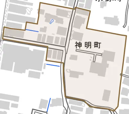 神明町とその周辺の地図。町の範囲を重ねている